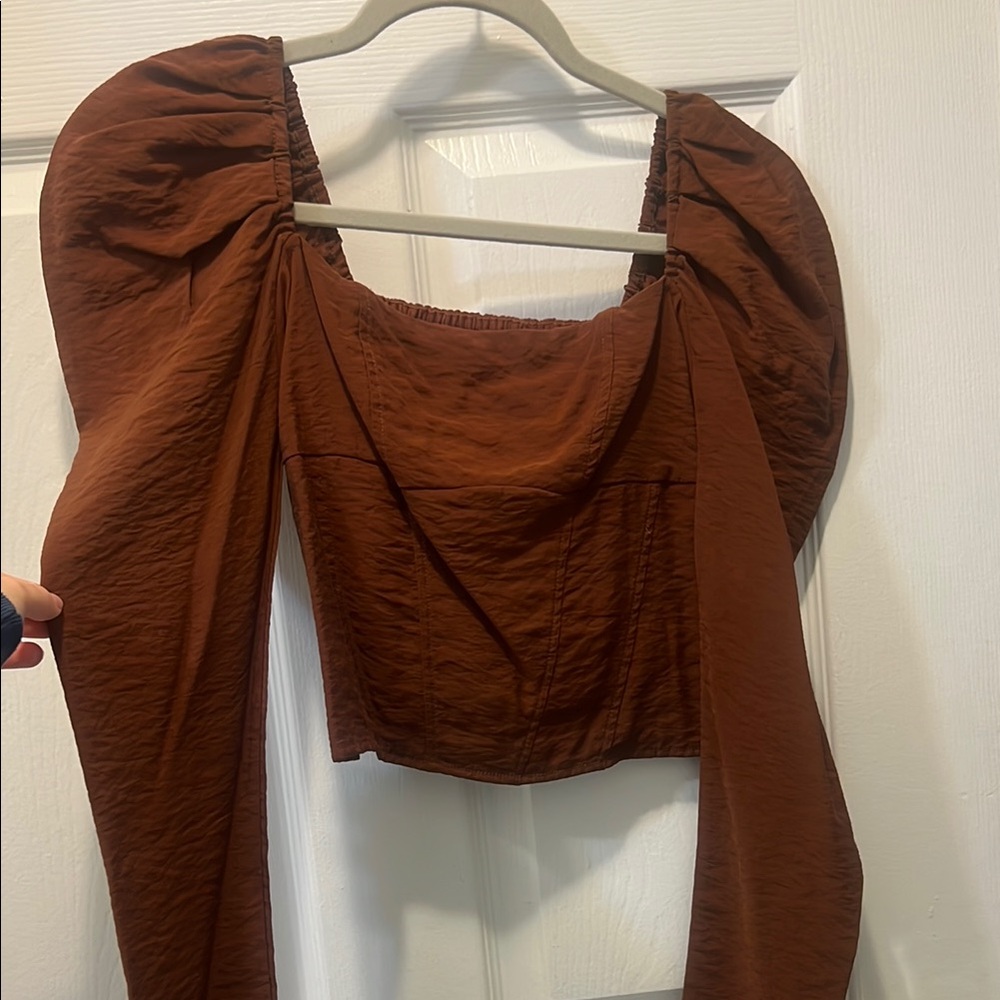 Abercrombie & Fitch Brown Puff Sleeve Crop Blouse